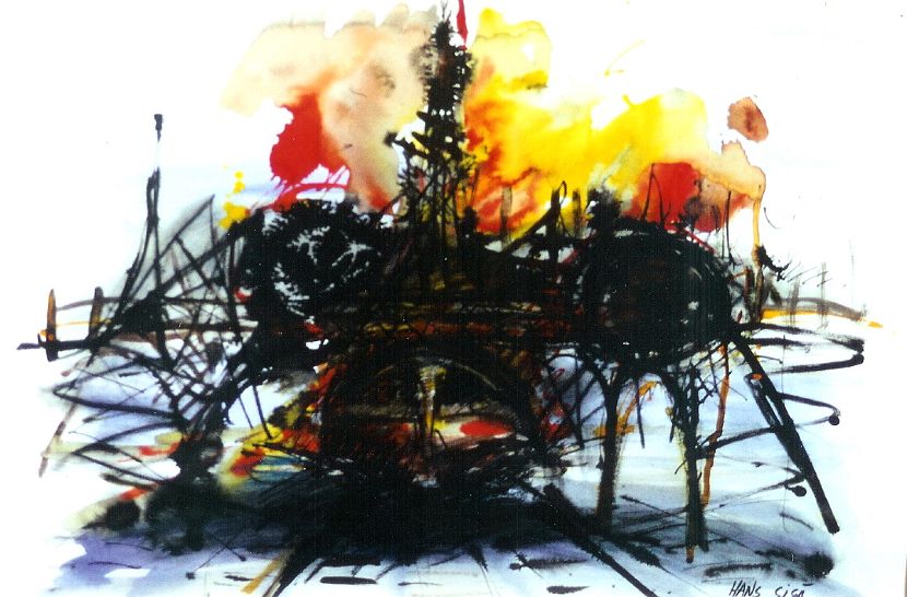 VERKEHR, Bühnenbildentwurf 1, Aquarell, 50 x 64 cm